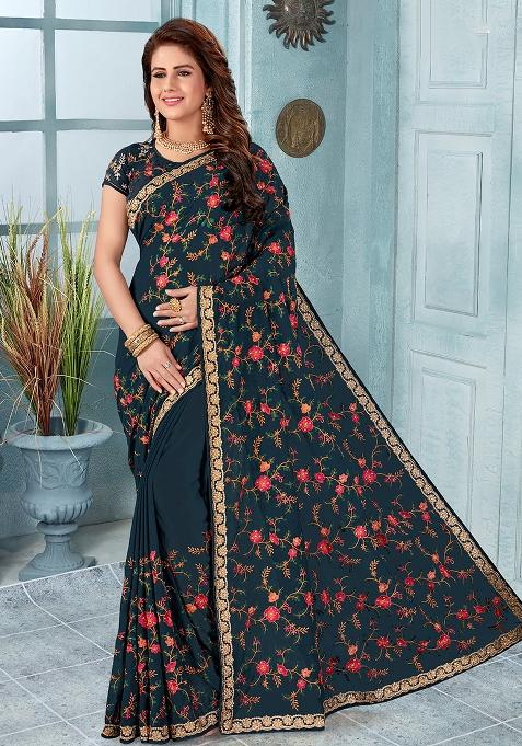 Dark Grey Embroidery Georgette Saree Set
