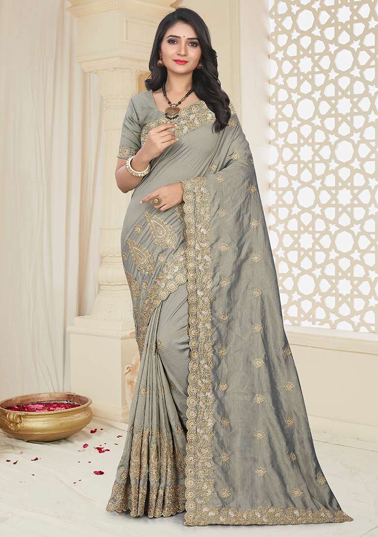 Grey Silk Blend Saree Set with Embroidery for Diwali | Wedding & Festive Wear - Indya