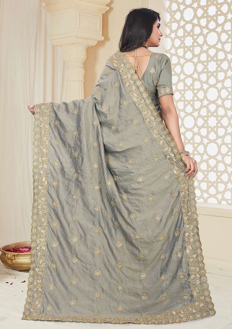 Grey Silk Blend Saree Set with Embroidery for Diwali | Wedding & Festive Wear - Indya