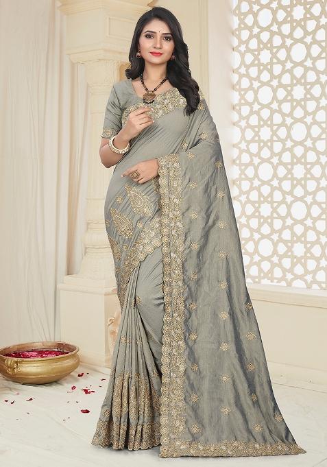 Grey Embroidery Silk Saree Set