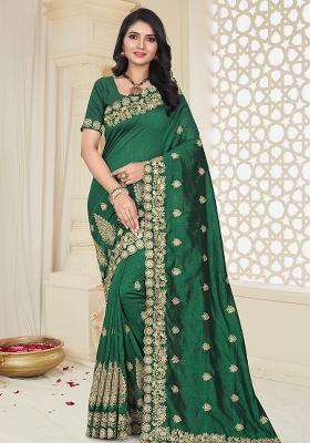 Bottle Green Embroidery Silk Saree Set