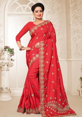 Red Embroidery Silk Saree Set