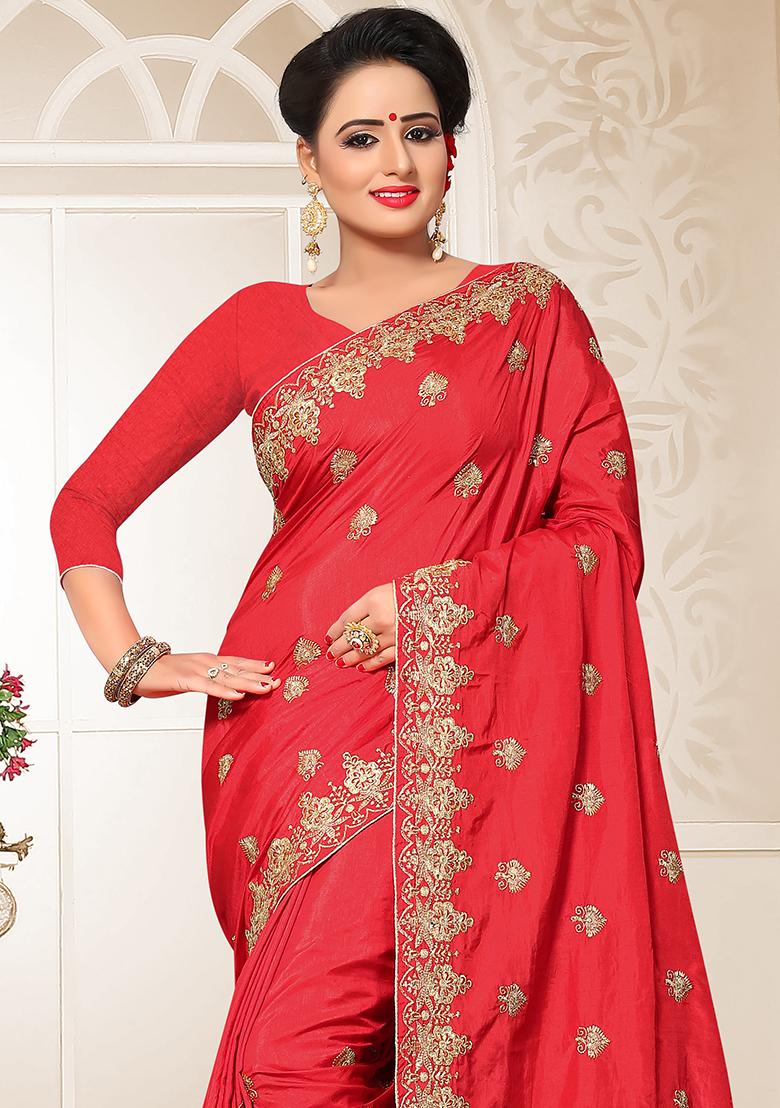 Red Embroidery Silk Saree Set - Indya