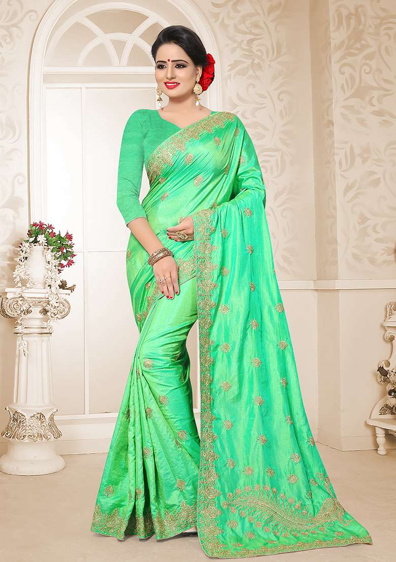 Pista Embroidery Silk Blend Saree Set for Diwali and Festive Wear - Indya