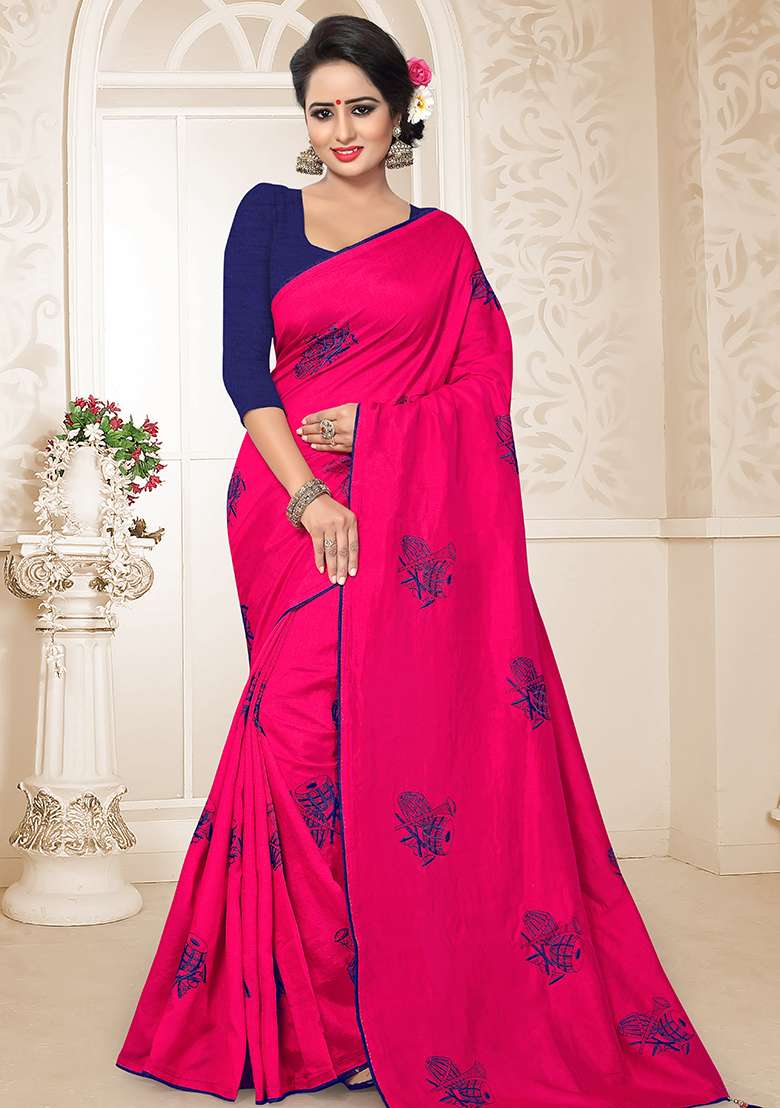 Rani Pink Embroidery Silk Blend Saree Set for Diwali and Festive Wear - Indya