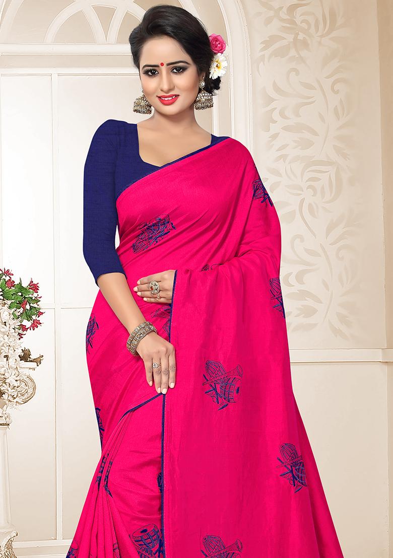 Rani Pink Embroidery Silk Saree Set - Indya