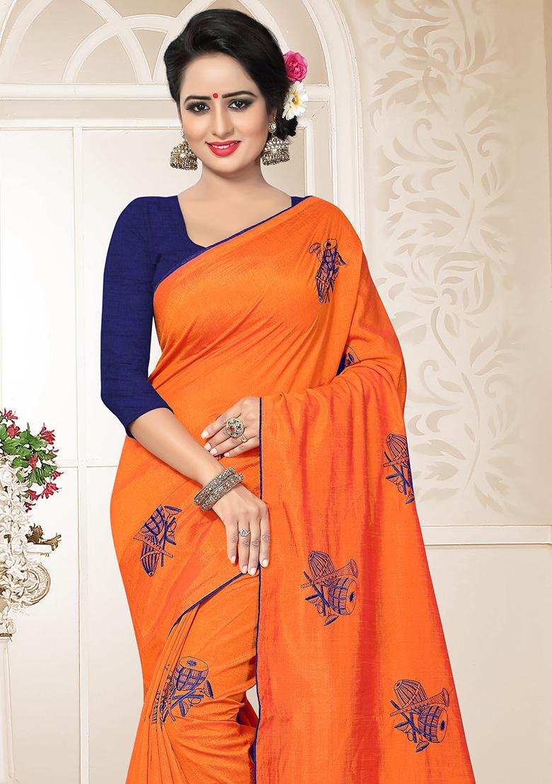 Orange Embroidery Silk Saree Set - Indya