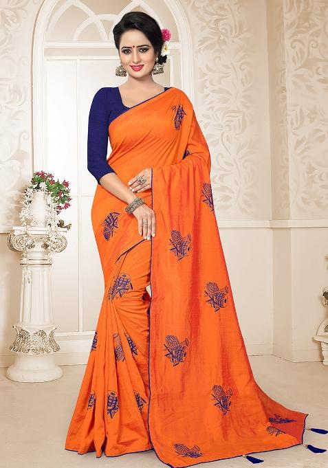 Orange Embroidery Silk Saree Set