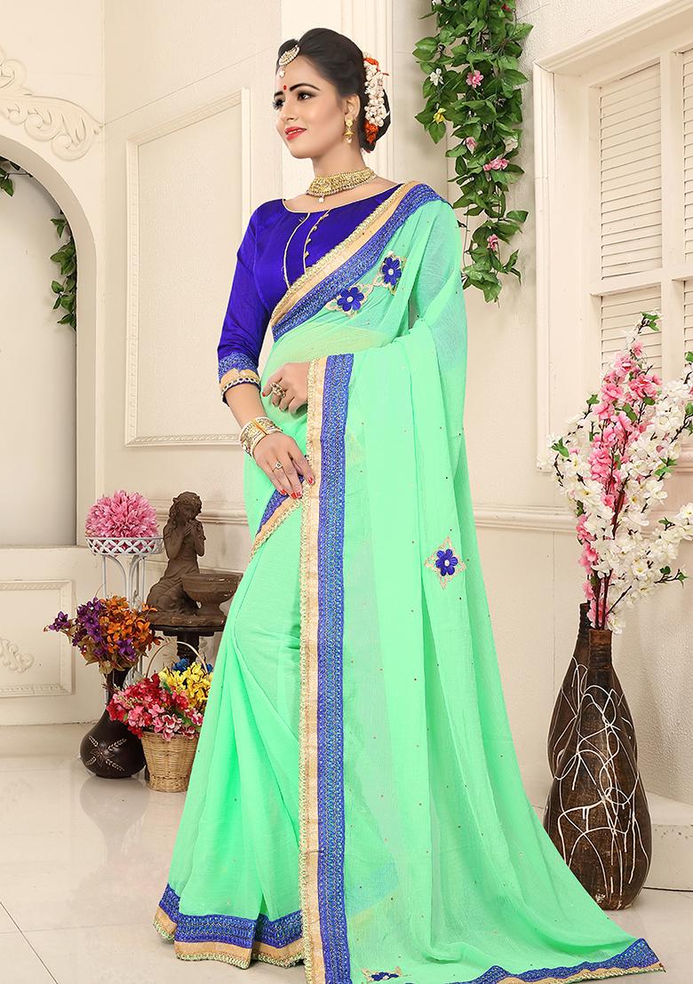 Sea Green Embroidery Chiffon Saree Set - Indya