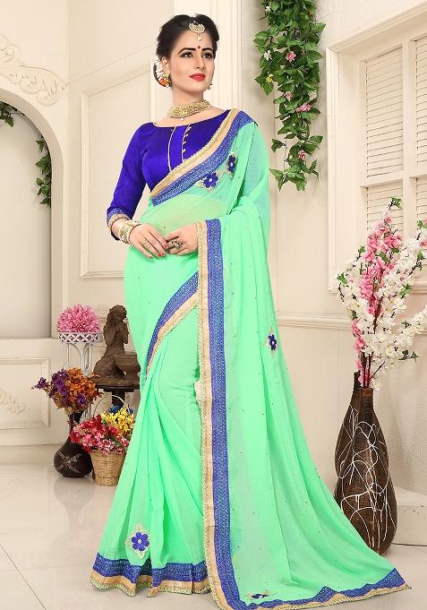 Sea Green Embroidery Chiffon Saree Set