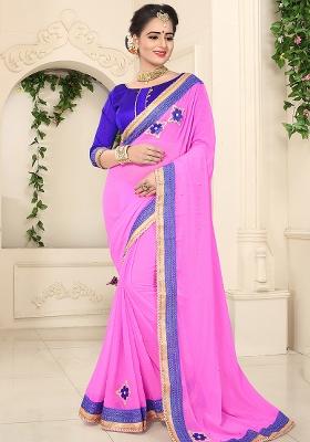 Pink Embroidery Chiffon Saree Set