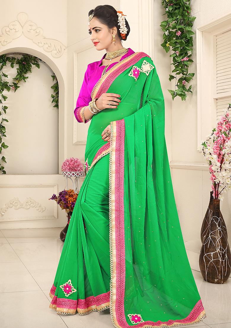 Parrot Green Embroidery Chiffon Saree Set - Indya