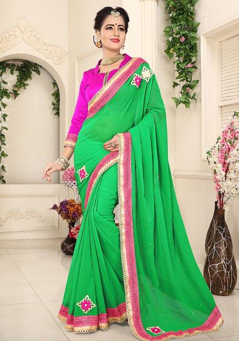 Parrot Green Embroidery Chiffon Saree Set