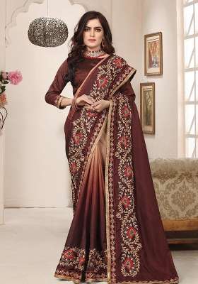 Coffee Embroidery Silk Blend Saree Set for Diwali and Festive Wear