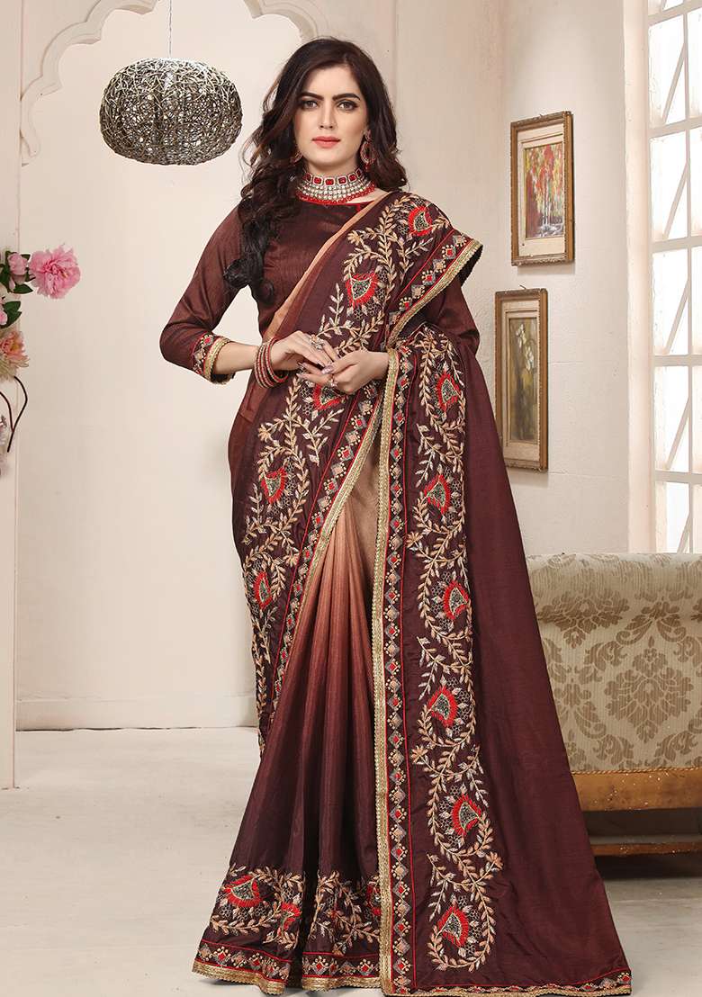 Coffee Embroidery Silk Blend Saree Set for Diwali and Festive Wear - Indya