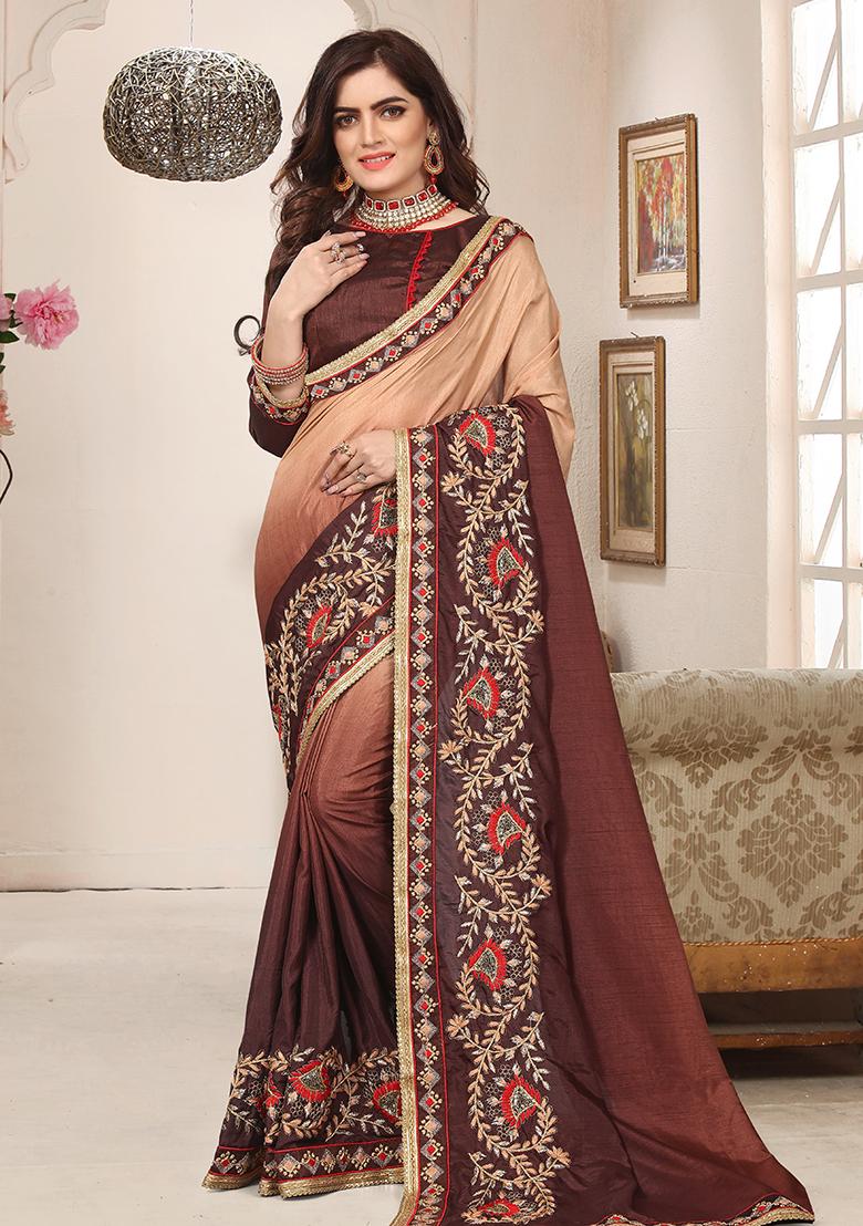 Coffee Embroidery Silk Saree Set - Indya