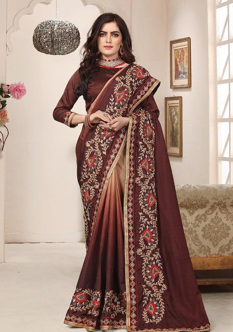 Coffee Embroidery Silk Saree Set