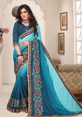 Firozi Embroidery Silk Saree Set