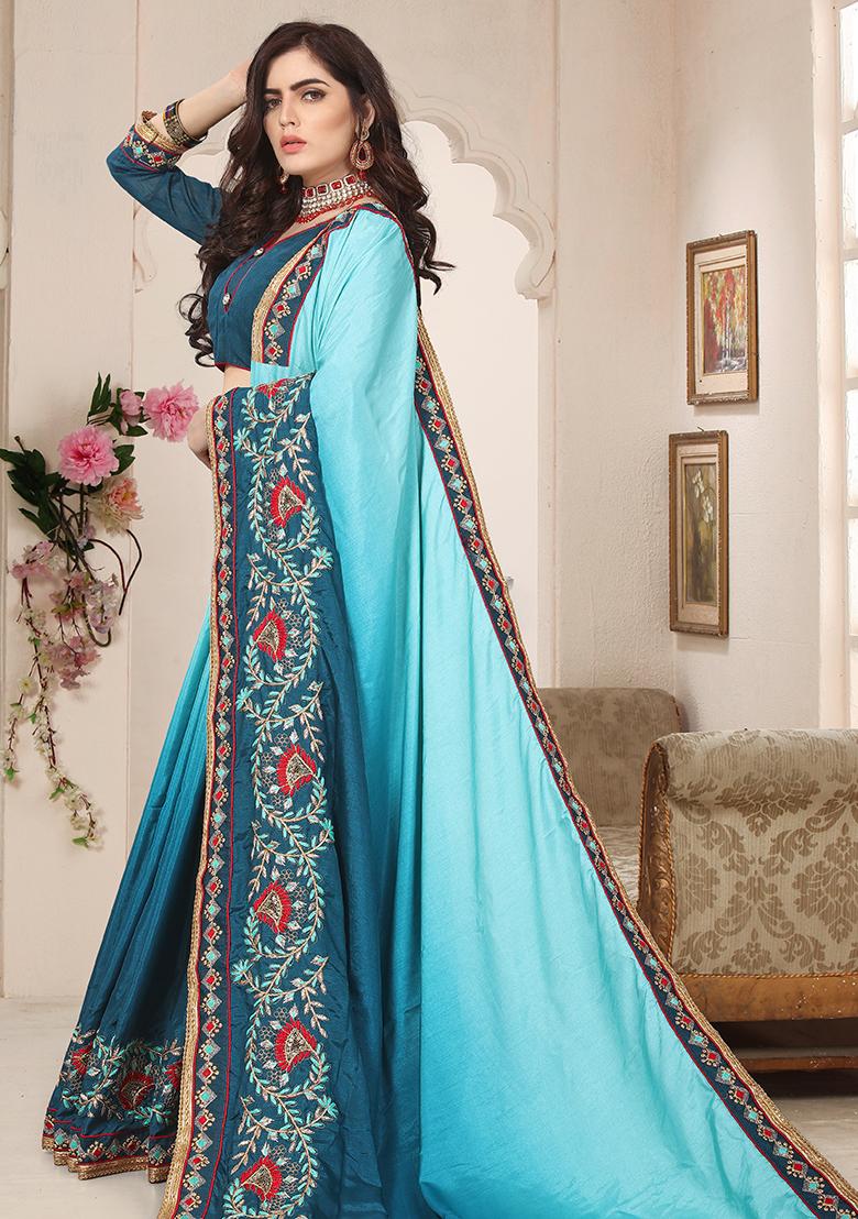 Firozi Embroidery Silk Saree Set - Indya