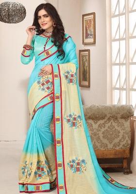 Sky Blue Embroidery Silk Saree Set