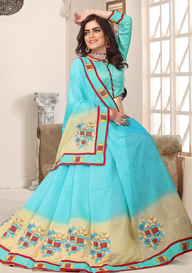 Sky Blue Embroidery Silk Saree Set - Indya
