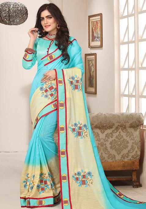 Sky Blue Embroidery Silk Saree Set