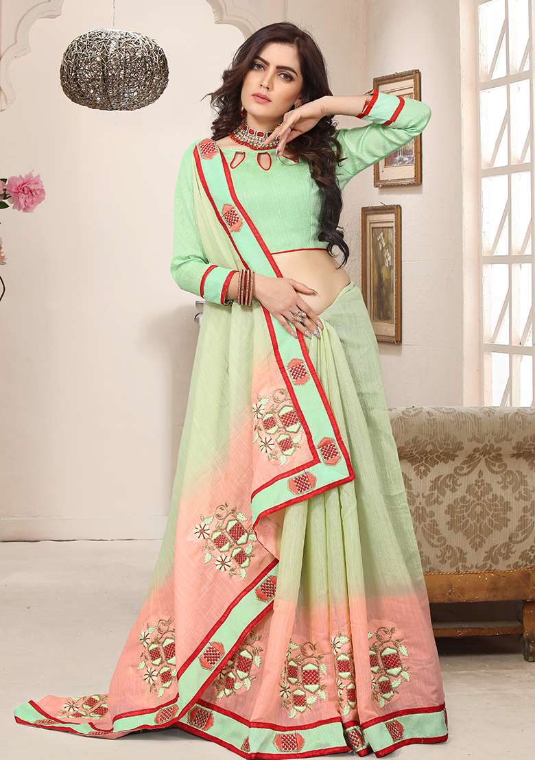 Pista Embroidery Silk Blend Saree Set for Diwali and Festive Wear - Indya