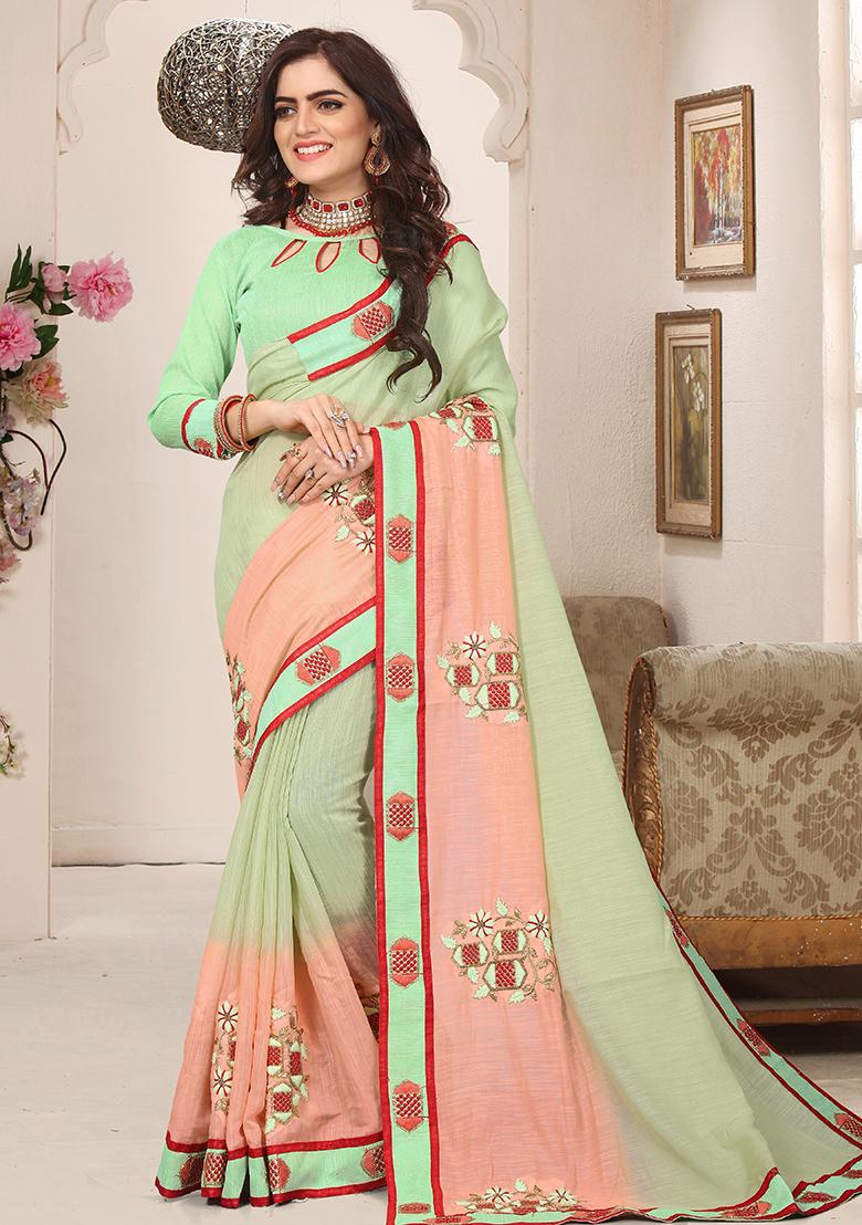 Pista Embroidery Silk Saree Set - Indya