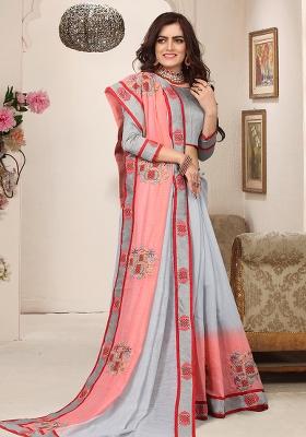 Grey Embroidery Silk Saree Set