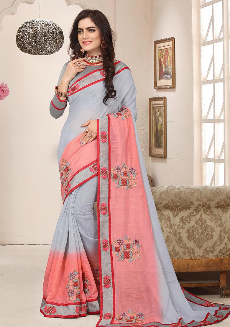Grey Embroidery Silk Saree Set - Indya