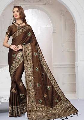 Coffee Embroidery Silk Saree Set