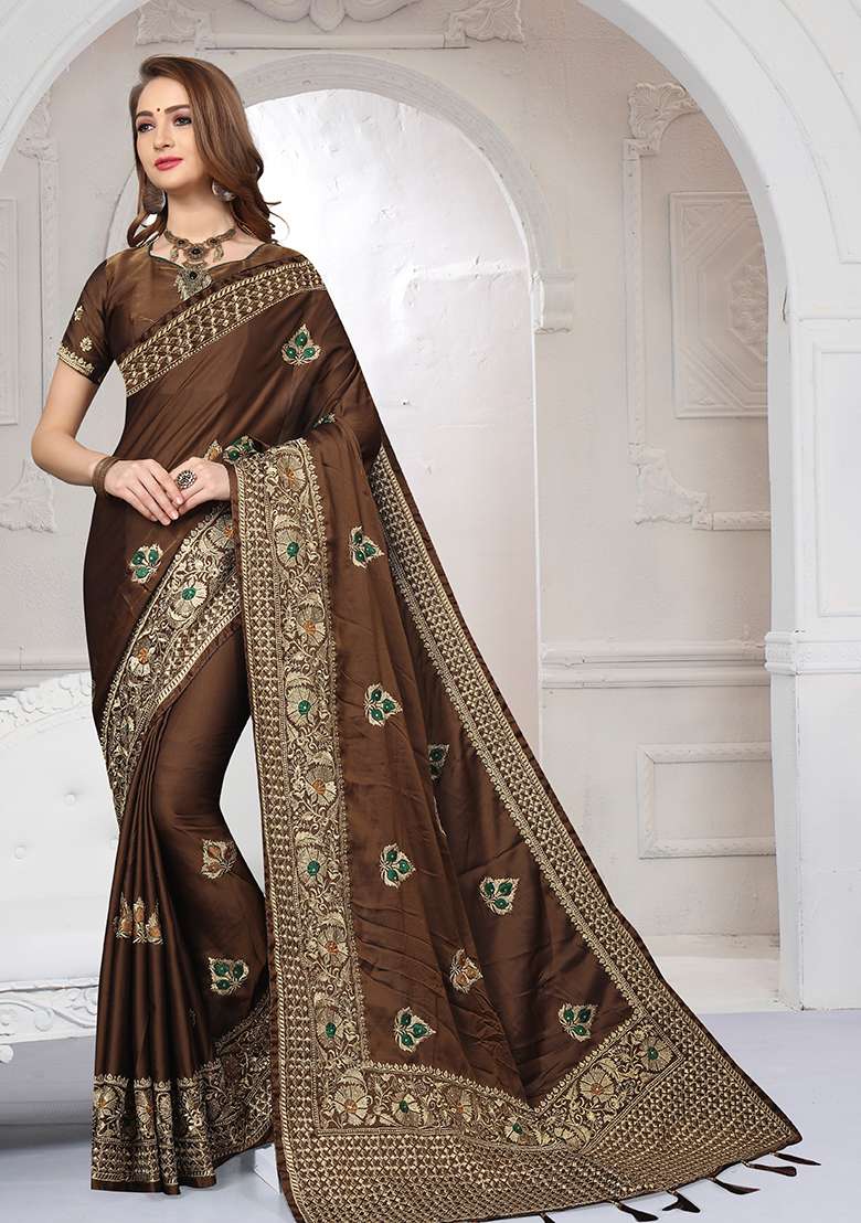 Coffee Silk Blend Saree Set with Embroidery for Diwali | Wedding & Festive Wear - Indya