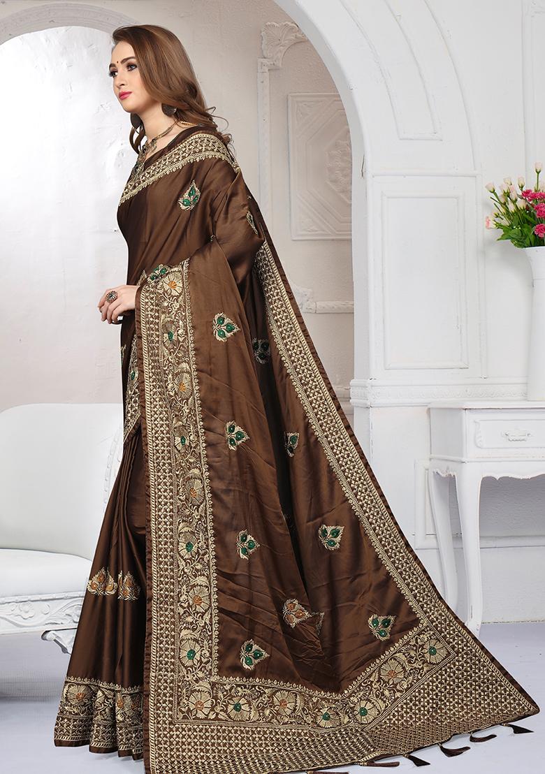 Coffee Embroidery Silk Saree Set - Indya