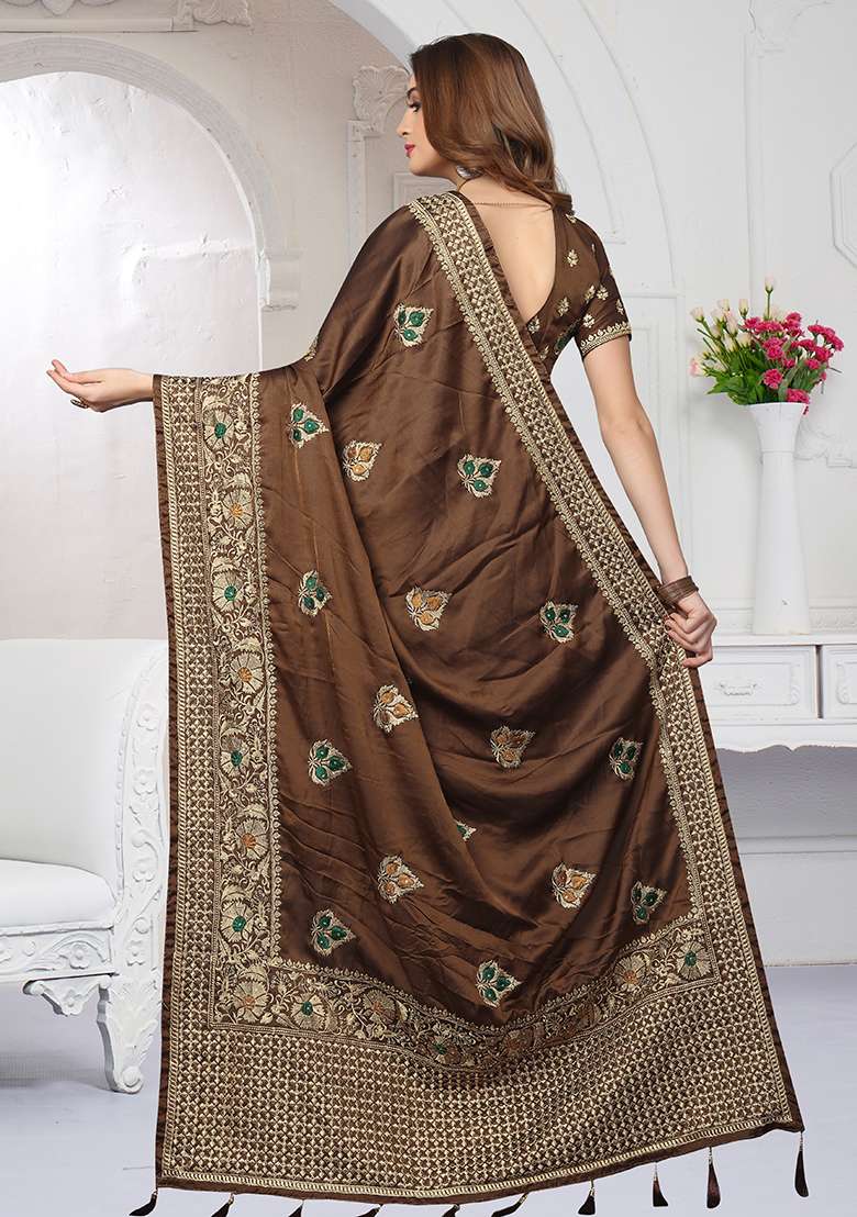 Coffee Silk Blend Saree Set with Embroidery for Diwali | Wedding & Festive Wear - Indya