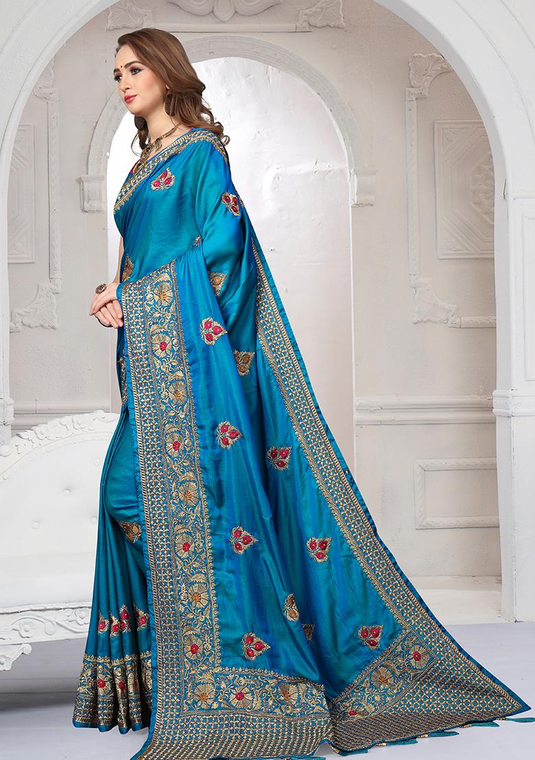 Firozi Embroidery Silk Saree Set - Indya