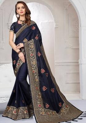 Nevi Blue Embroidery Silk Saree Set