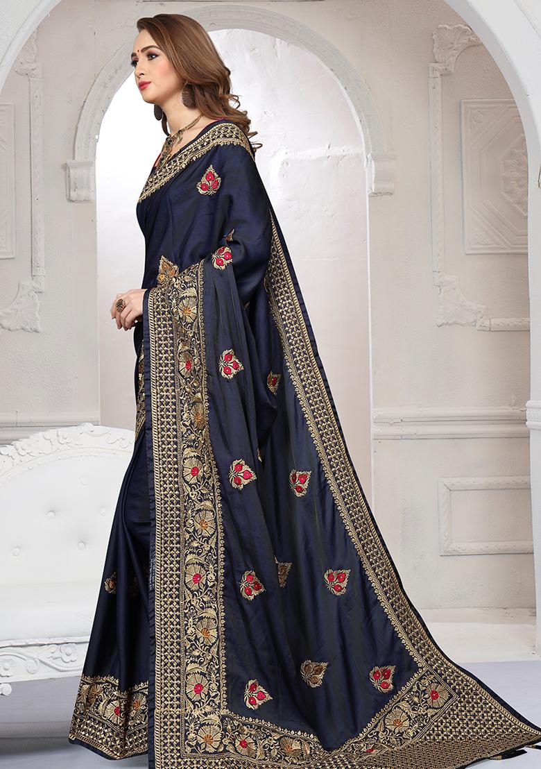 Nevi Blue Embroidery Silk Saree Set - Indya