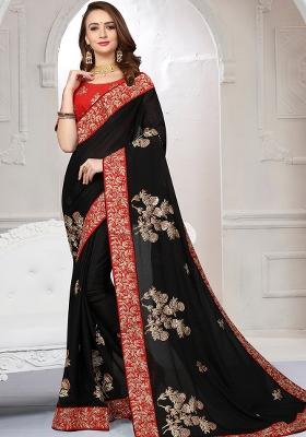 Black Embroidery Satin Saree Set