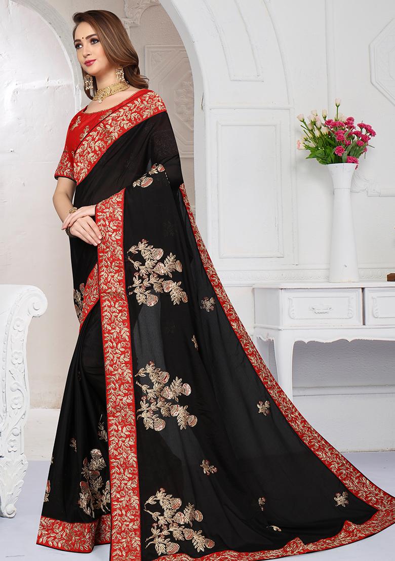 Black Embroidery Satin Saree Set - Indya