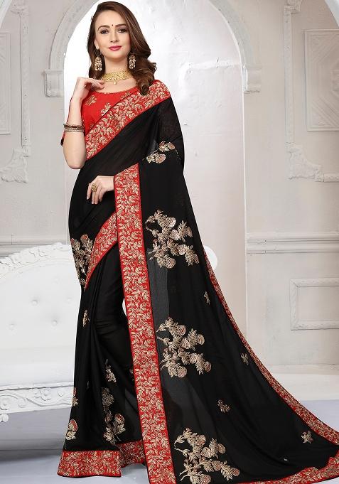 Black Embroidery Satin Saree Set