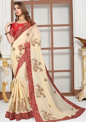 Off White Embroidery Satin Saree Set