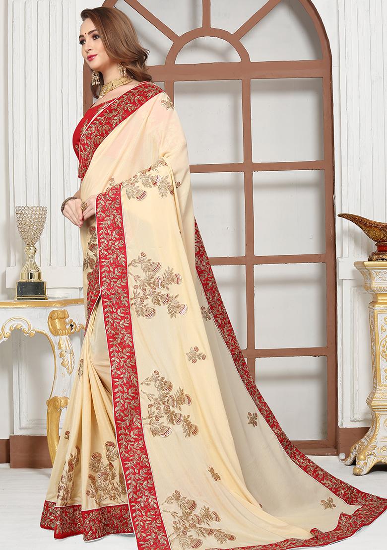 Off White Embroidery Satin Saree Set - Indya