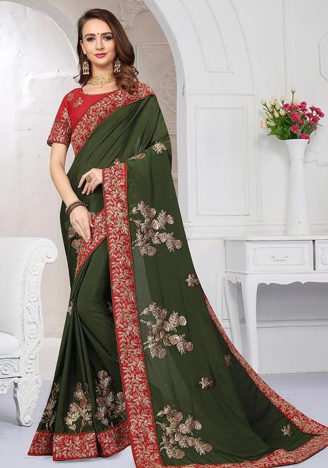 Mehendi Embroidery Satin Saree Set