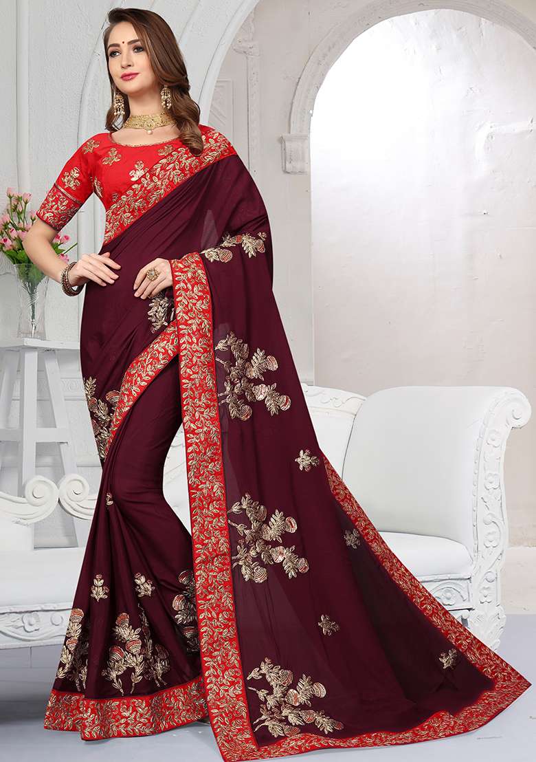 Maroon Satin Saree Set with Embroidery for Diwali | Wedding & Festive Wear - Indya