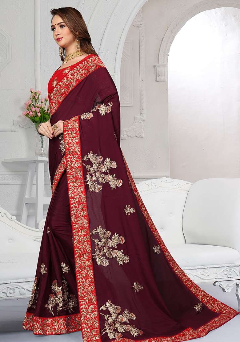 Maroon Satin Saree Set with Embroidery for Diwali | Wedding & Festive Wear - Indya