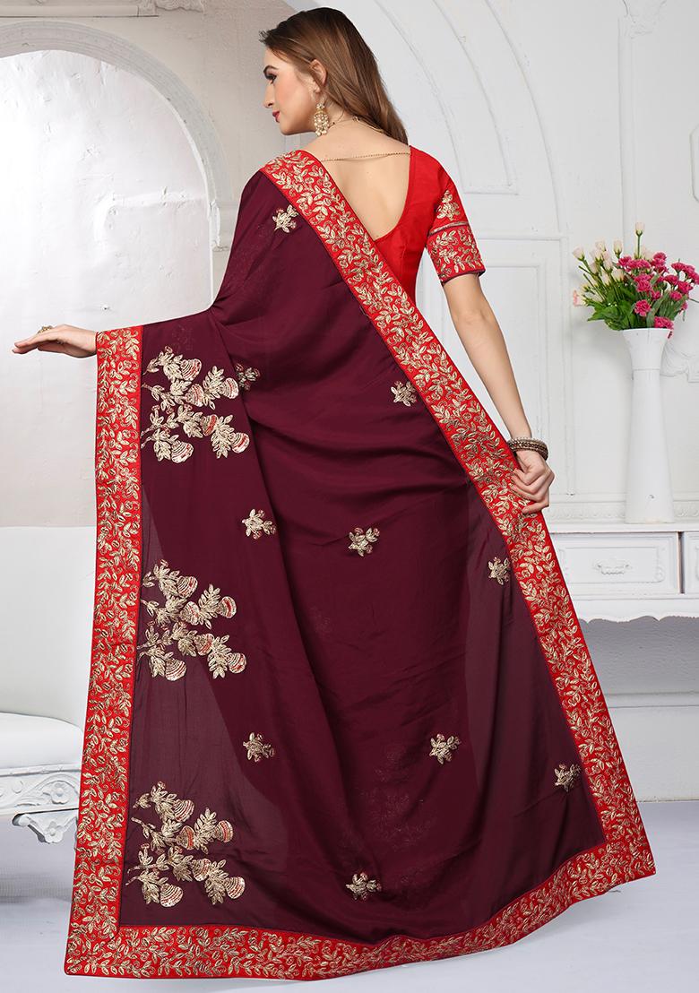 Maroon Embroidery Satin Saree Set - Indya