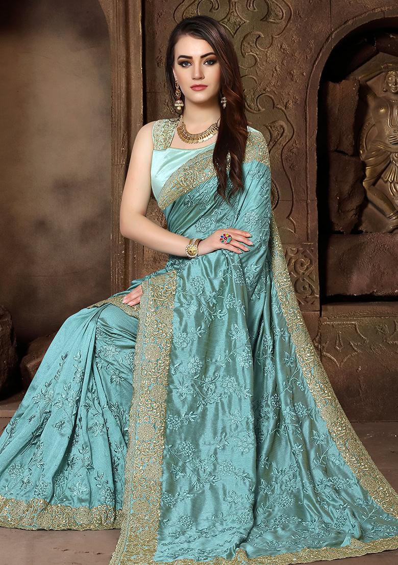 Sky Blue Embroidery Silk Saree Set - Indya