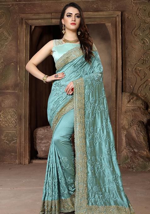 Sky Blue Embroidery Silk Saree Set