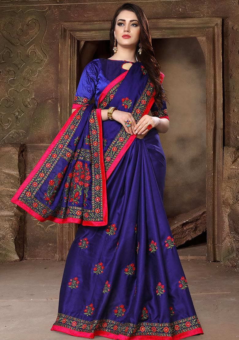 Nevi Blue Embroidery Silk Saree Set - Indya