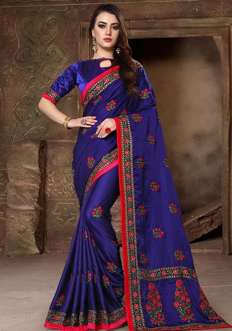 Nevi Blue Embroidery Silk Saree Set